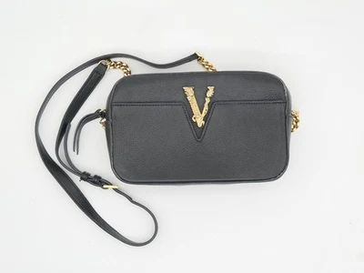 VERSACE Virtus V Gold Metal Black Shoulder Bag Leather Black Purse Crossbody JP - Image 1 of 4