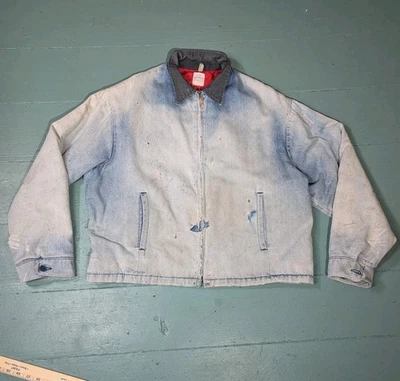 复古 70 年代 Jc Penney Big Mac DESTROYED 牛仔工作夹克男式 2XL 红色绗缝 — 第 1/4 张图片