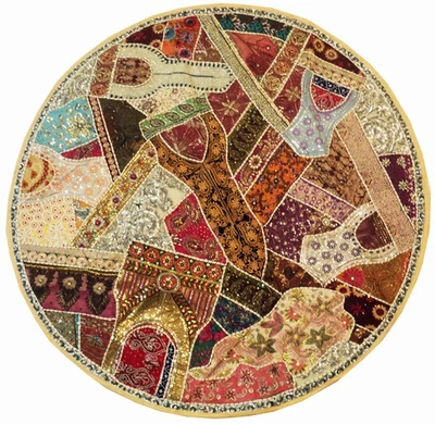 60" ETHNIC INDIAN ART DÉCOR VINTAGE SARI ZARI LACE WALL HANGING ROUND TAPESTRY - Image 1 of 4