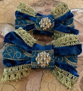 Elegant Crushed Velvet Shoe Clips Brocade Fringe Teal Gold 4” W GORGEOUS! - Picture 1 of 5
