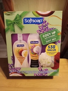 SE softsoap cozy up with coconut gift set exfoliating scrub bady wash pouf luffa - Picture 1 of 9