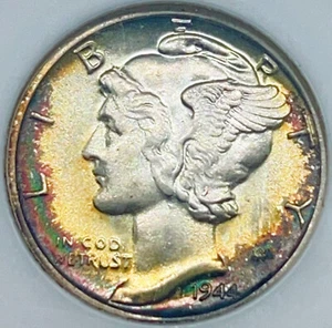 1944 10C NGC Embossed Fatty MS65 CAC Rainbow Toned Mercury Dime 289002 - Picture 1 of 4