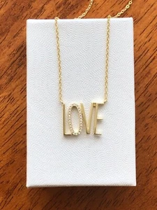 925 Sterling Silver Cz Gold LOVE Pendant Necklace Written Word 16mm 17.25" - Picture 1 of 10