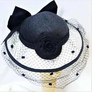 Vintage 1940s 1950s Fabulous Black & White Rose & Bow ORIGINAL Miller HAT - Picture 1 of 5