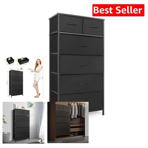 Stylish 6-Drawer Chest with Wood Top for Bedroom & Entryway - Black Finish - Picture 1 of 12