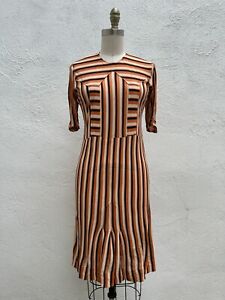 Vintage 1930s Orange Rayon Stripe Knit Art Deco Day Dress