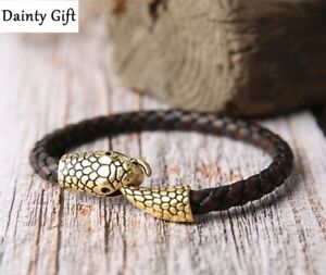 MEN/ Women Animal Gold Snake Dark Brown Leather Bracelet / Wrist Bangle 6.5-9"