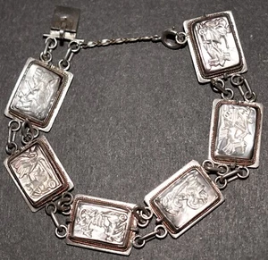 Antique 800 Silver Bracelet 7 Days Hand Carved Abalone Chariots Art Deco 6.75" - Picture 1 of 6