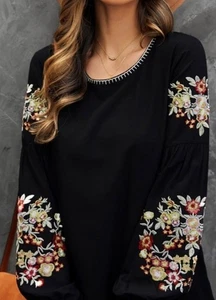 Damen Schwarz Stickerei Langarm Leicht Boho Xl Bluse Top Elegant - Bild 1 von 13