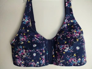COMFORT CHOICE 42B BLUE FLORAL FRONT CLOSE RACERBACK WIRELESS 100% COTTON BRA - Picture 1 of 9