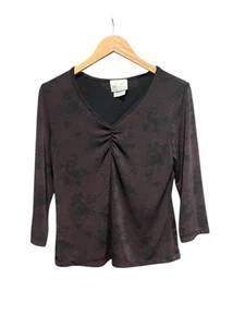 Kathie Lee Blouse Black & Brown 90s Y2K Slinky Vintage 3/4th Sleeves Womens - Picture 1 of 6