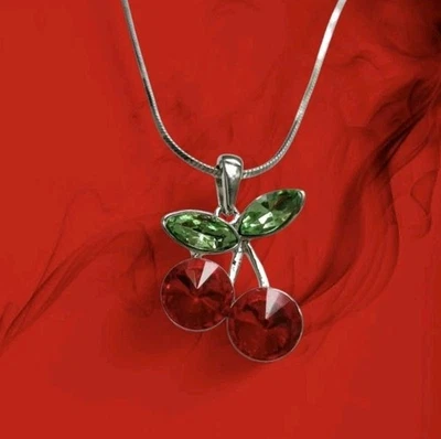 Filigrane Kette  "Kirschen 🍒" Silberfarben Strass Modeschmuck  - Bild 1 von 4