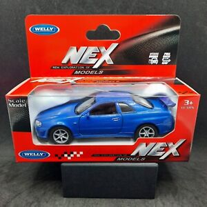 Welly Nex Nissan Skyline R34 GT-R Blue Diecast Car With Opening Doors 1:38 Scale