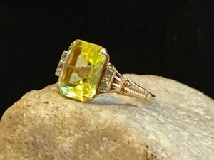 Antique Ostby & Barton 10K Yellow Gold Diamond Ring Uranium Glass 3.56g Sz 8.5 - Picture 1 of 24