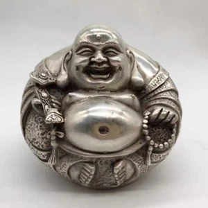 Chinesische alte Tibet Silber kleine sitzende lachende Buddha Statue - Bild 1 von 3
