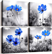 Wall Art 4 Panel Modern Salon Theme Black and White Plant the Blue Flower Flower