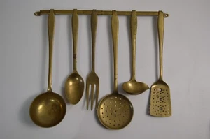 Vintage Brass Metal Kitchen Utensils with Mountable Bar Spoon Ladle Fork Spatula - Picture 1 of 24