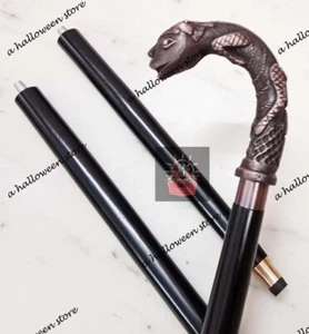 Copper Antique Chameleon Handle Handmade 3 Fold Black Wooden Walking Cane Stick - Picture 1 of 6