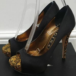 GINA SCHWARZ Satin FANTASY SAFRAN SPITZE Peeptoe Plateau hohe Sandalen Schuhe - Bild 1 von 12