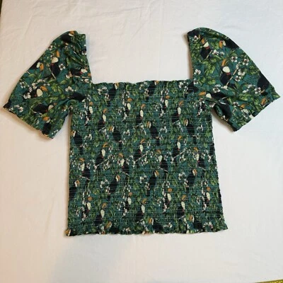 Dolan Left Coast Green Smocked Top Sm Puff Sleeve Tropical Toucan Anthropologie - Image 1 of 4