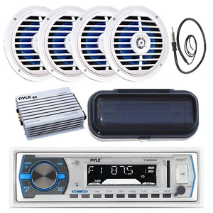 Pyle Marine Bluetooth Radio, Cover, 4x 5.25" 100W Speakers, Antenna, Amp, Wire - Picture 1 of 6