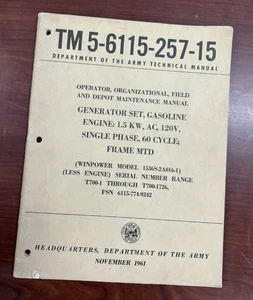 1961 GENERATOR SET (WINPOWER MODEL 1536S-2A016-1) TM 5-6115-257-15, Army Tech - Picture 1 of 11