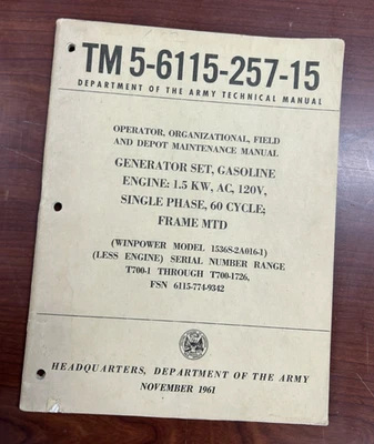 1961 GENERATOR SET (WINPOWER MODEL 1536S-2A016-1) TM 5-6115-257-15, Army Tech - Image 1 of 4