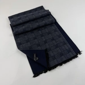 Saks Fifth Avenue Silk Fleece Mens Scarf Navy Grey Plaid Fringed City Classic - Picture 1 of 7