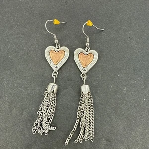 Hammered Double Heart 2 Tone Dangle Earrings Silver & Copper Chain - Picture 1 of 8