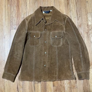 Giacca pelle vintage JCPenney uomo 38 scamosciata pelle bovina marrone western snap anni 70 - Foto 1 di 10