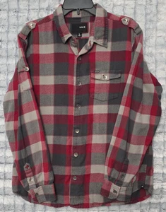 Hurley Red & Gray Plaid Flannel Button Up Men's Large Shirt Long Sleeve Grunge - Picture 1 of 6