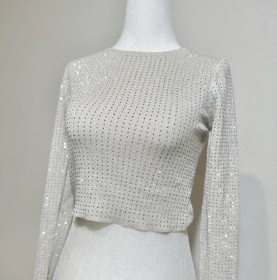 Top tejido para mujer, recortado con pedrería plateada, talla S Foto 1 de 4