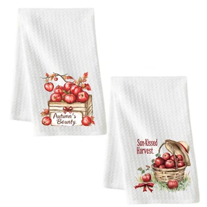 Apple Dish Towel Set 2 Autumn Harvest Kitchen Waffle Weave 16x24 Fall Decor New - Picture 1 of 5