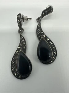 Vintage Signed Sterling Silver Art Deco Onyx Marcasite Drop Dangle Earrings READ - Picture 1 of 9