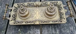 Antique Heavy Brass Ink Stand Double Inkwell Desk Tidy 3 Kg - Picture 1 of 23