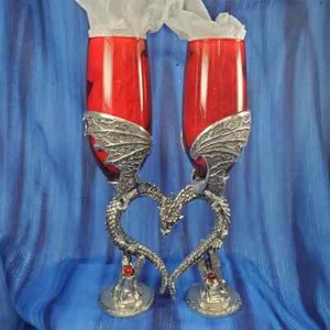 Dragon Heart Wings Flute Red Glasses Wedding Toast Anniversary US Made - Picture 1 of 12