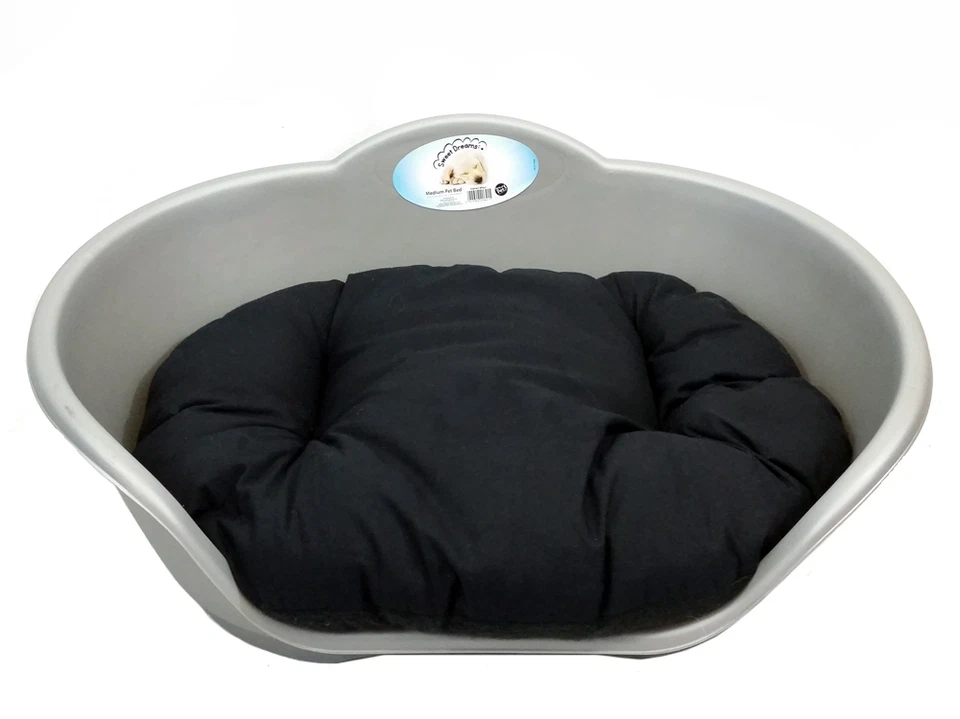 EXTRA LARGE PLASTIC SILVER GREY PET BED WITH BLACK CUSHION DOG CAT SLEEP BASKET - Image 1 of 1