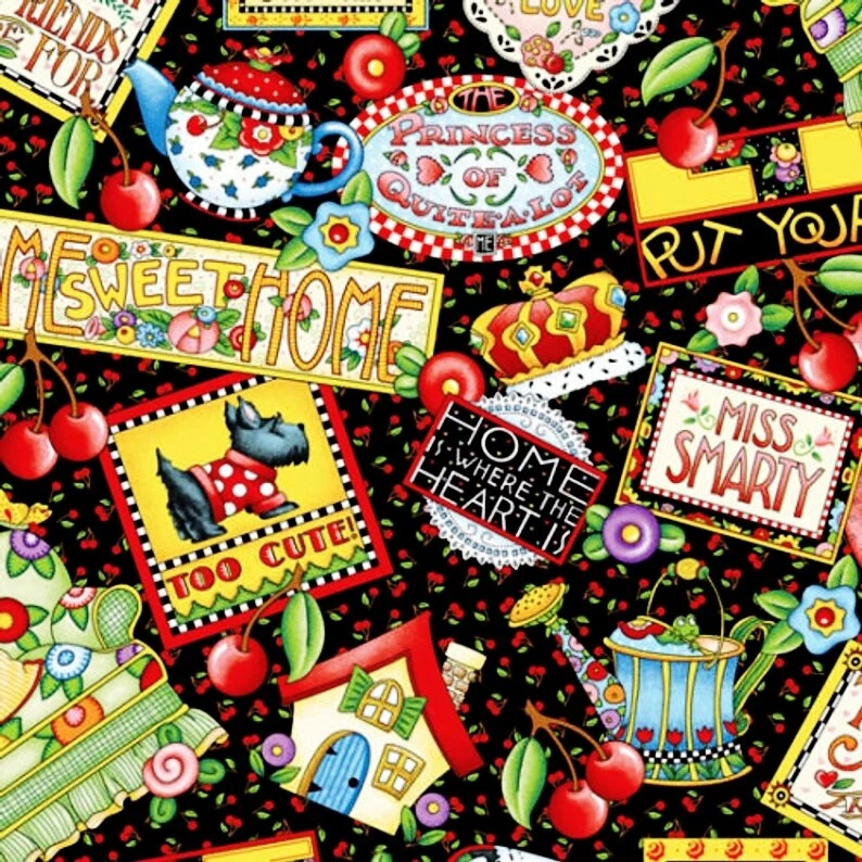 Engelbreit Mottos Black Sayings Fabric Cotton Quilt Home Cherries Scotty  BTHY - Image 1 of 4