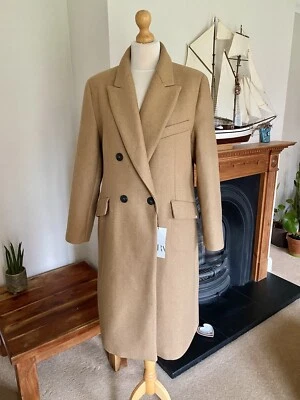 Zara Camel Brown Wool Blend Double Breasted Long Coat L UK14 # M40L - Image 1 of 4