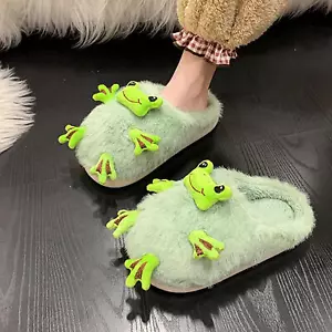 Womens Slippers Frog Plush Warm Shoe Winter House Shoes Soft Rubber Sole Indoor - Picture 1 of 11