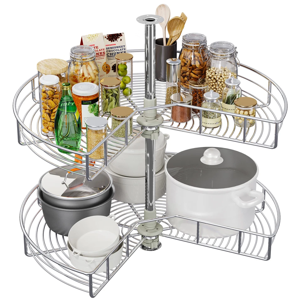 28-Inch Kidney Shaped Chrome Pie Cut 2-Shelf Lazy Susan Corner Organizer Silver - Image 1 of 4