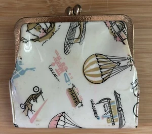 Vtg 60s Plastic Vinyl Wallet Coin Purse Transportation Theme Print Kiss Clasp - Picture 1 of 7