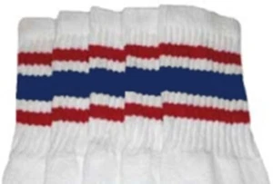 19” MID CALF WHITE tube socks with RED/ROYAL BLUE stripes style 3 (19-77)  - Picture 1 of 1