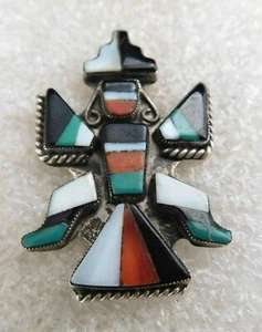 ZUNI STERLING Multi Stone HANDMADE Vintage KNIFEWING KACHINA TIE TACK Estate - Picture 1 of 2