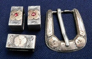 MEXICO STERLING Gold Overlay Red Stone Engraved HANDMADE Vint 4 PIECE RANGER SET - Picture 1 of 6