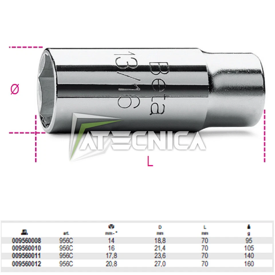 BETA TOOLS Chiave a bussola F 1/2" per candele di accensione Beta 956C da 14 a 20,8 mm