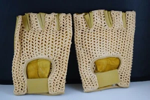 Vintage Leather Crochet Cycling Bicycle Gloves pair half finger Retro XXL NOS - Picture 1 of 9