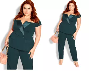 City Chic Ladies Off Shoulder Emerald Sexy Tuxe Jumpsuit size S-16 NWT - Picture 1 of 5