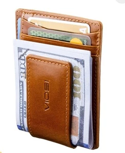 Viosi Tan Genuine Leather Magnetic Front Pocket Money Clip Wallet, RFID, NIB - Picture 1 of 3