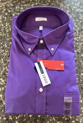 NUEVO CON ETIQUETAS $50 IZOD Camisa de Vestir Para Hombre Calce Clásico Elastizada Púrpura 18-18 1/2 34 35 Nueva Foto 1 de 4